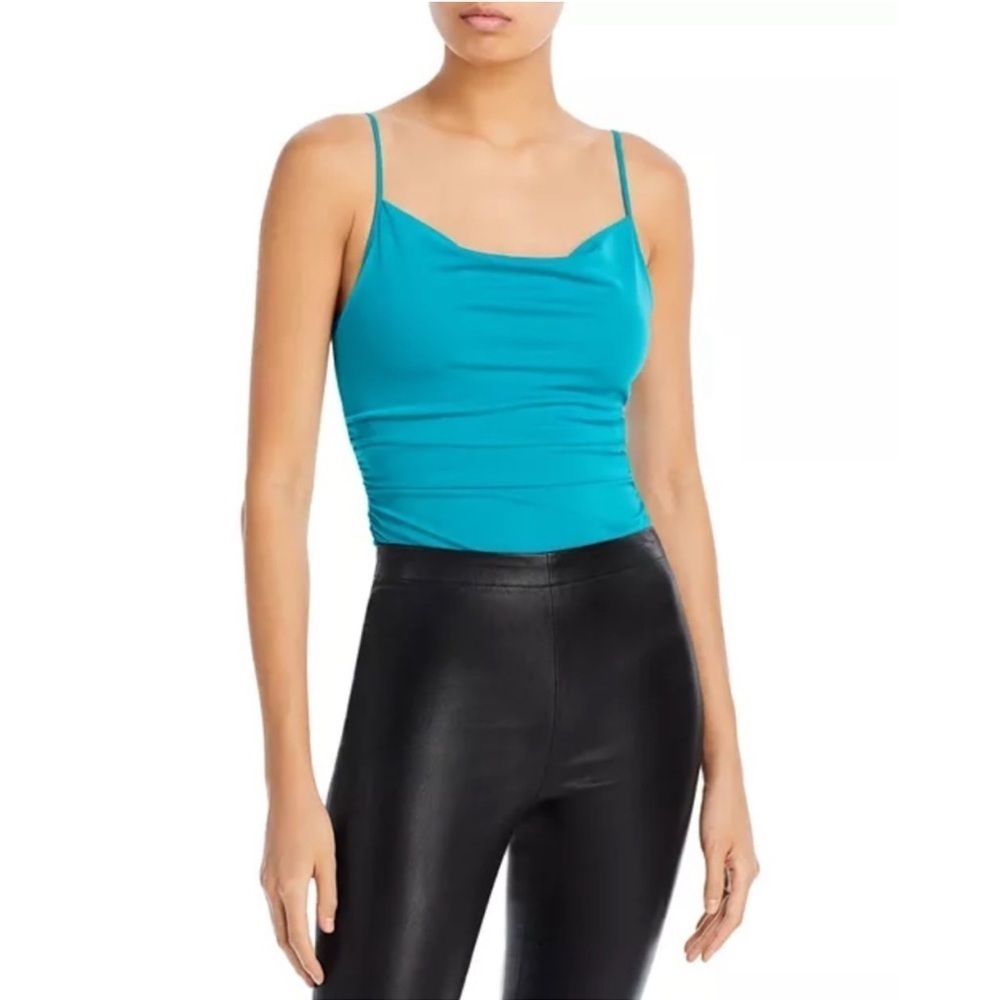 NWOT Cinq a Sept Marta Cami Bodysuit Blue Jade Turquoise Drape Cowl Neckline